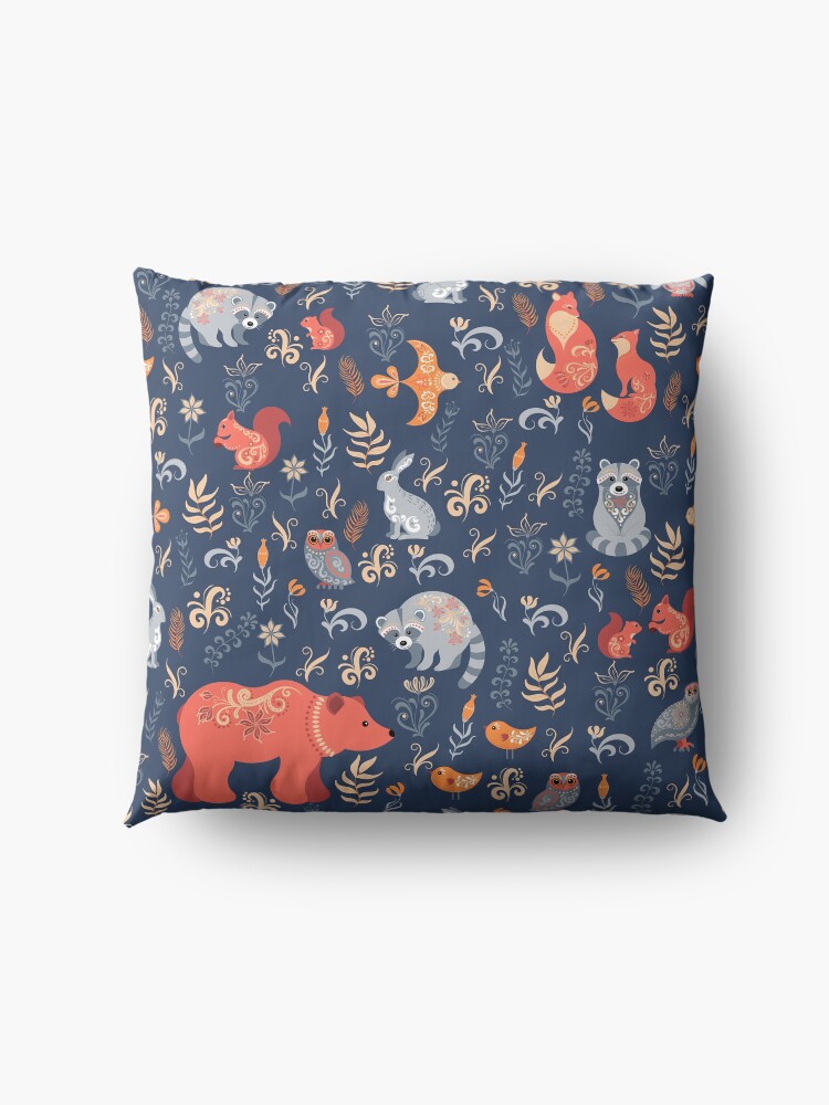 Alternate view of Fairy-tale forest. Fox, bear, raccoon, owls, rabbits, flowers and herbs on a blue background. Floor Pillow