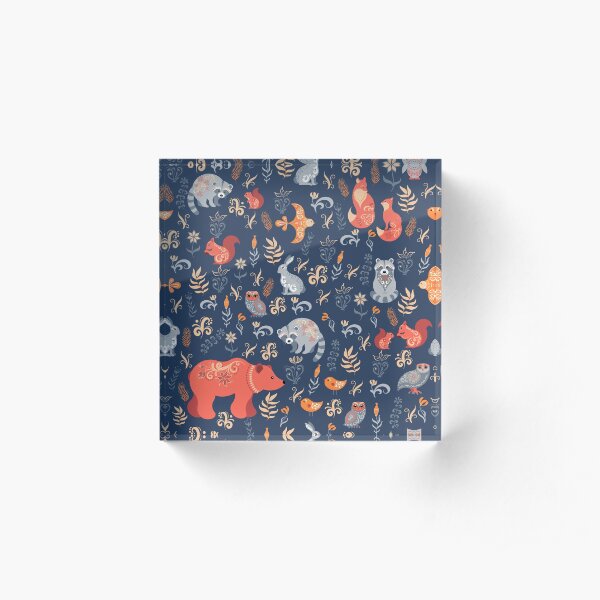 Fairy-tale forest. Fox, bear, raccoon, owls, rabbits, flowers and herbs on a blue background. Acrylic Block