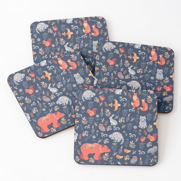 Fairy-tale forest. Fox, bear, raccoon, owls, rabbits, flowers and herbs on a blue background. Coasters (Set of 4)