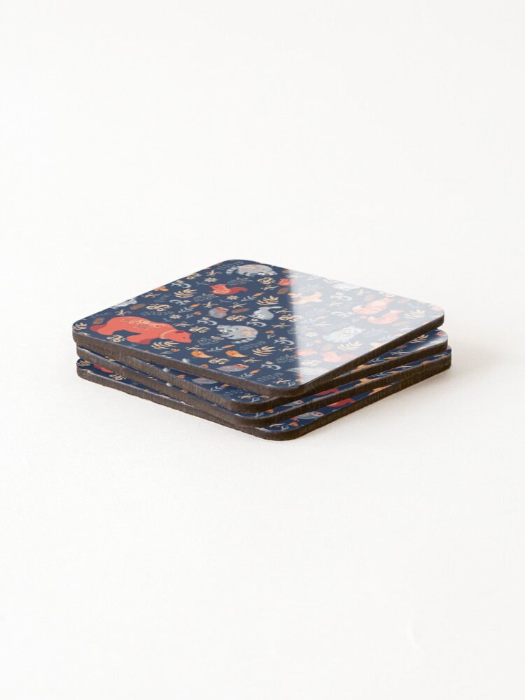 Alternate view of Fairy-tale forest. Fox, bear, raccoon, owls, rabbits, flowers and herbs on a blue background. Coasters (Set of 4)