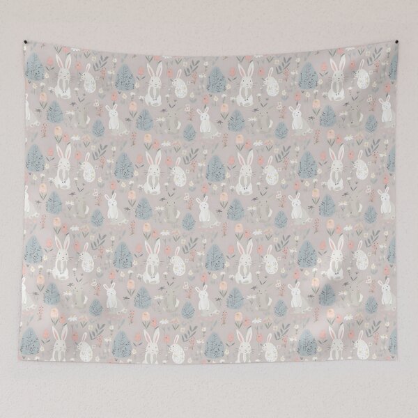 Item preview, Whimsical cute colorful bunnies easter pattern pink background designed and sold by venerateprints.