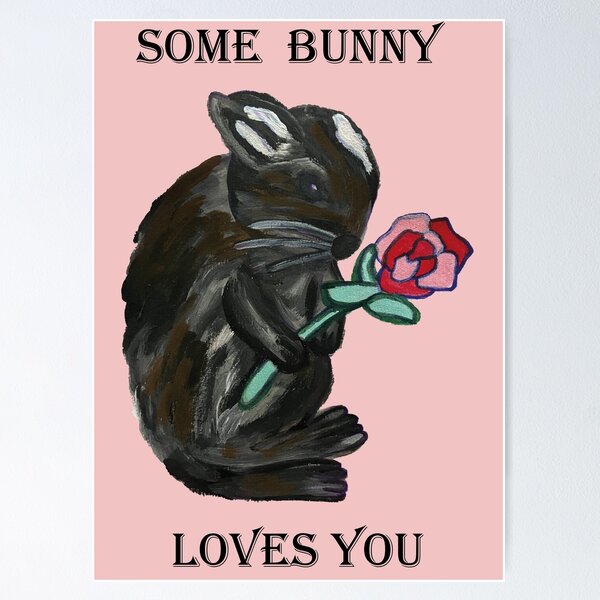 Item preview, Black Rabbit with Red Rose 'Some Bunny Loves You' Pink Painting designed and sold by Anke Wonder.