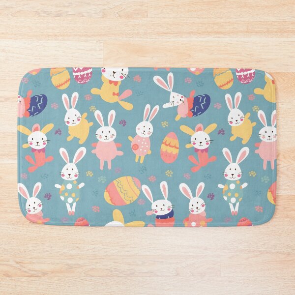 Item preview, Whimsical cute colorful easter bunnies and eggs seamless pattern blue background designed and sold by venerateprints.