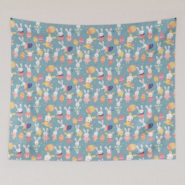 Item preview, Whimsical cute colorful easter bunnies and eggs seamless pattern blue background designed and sold by venerateprints.