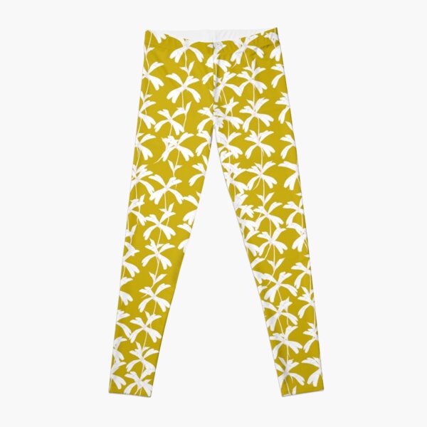 White Campion Silhouette on mustard background Leggings