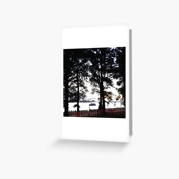 Trees, branches, leaves, branches, river, boat Greeting Card