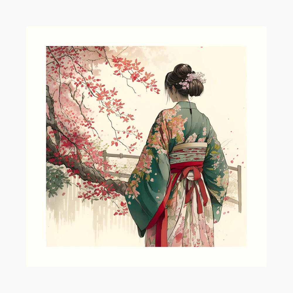 Poster for Sale mit japanische Vintage-Bilder - Kimono-Mädchen - Geisha -  Sakura-Blüte - Kyoto von Hola Mocha