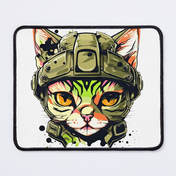 Item preview, Abstract psychedelic cat wearing a military tactical helme designed and sold by Mikhail Palinchak.