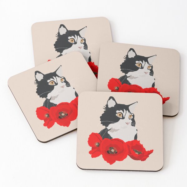 Item preview, Fluffy Black and White Cat with Poppies designed and sold by Botanical Cat.