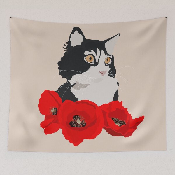 Item preview, Fluffy Black and White Cat with Poppies designed and sold by Botanical Cat.