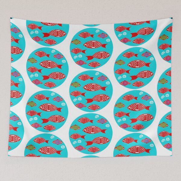 Item preview, Round red Japanese fish on blue water circle designed and sold by McCallnWaldo.
