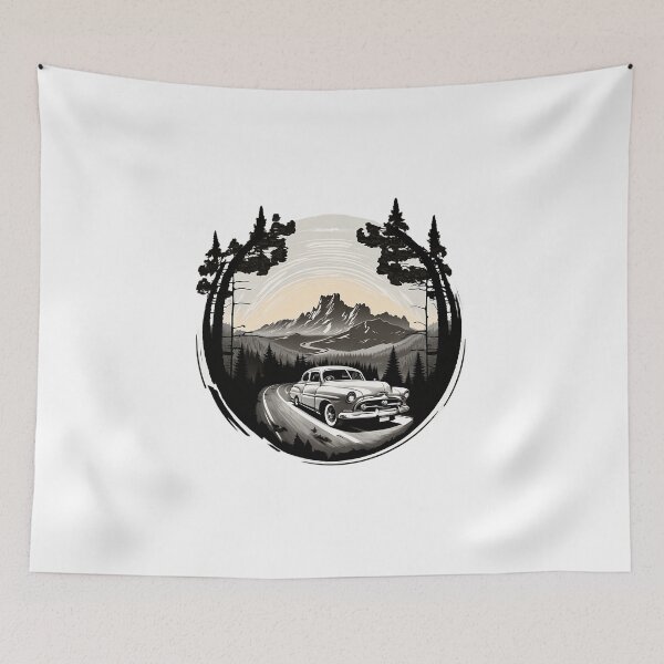 Item preview, White classic car cruising along the mountain road designed and sold by Xiangster987.