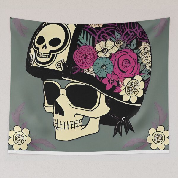 Item preview, Roller derby girl skull skeleton head in flowered helmet designed and sold by McCallnWaldo.