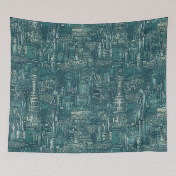 Item preview, Coral Cityscape unveils a mesmerizing underwater metropolis in a repeating pattern, featuring aquatic architecture, coral-infused buildings, marine life, and a mysterious hidden realm. designed and sold by arbaxas.
