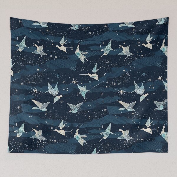 Aperçu de l'œuvre Starlit Wings: Origami Birds in Cosmic Dance Pattern créée et vendue par arbaxas.