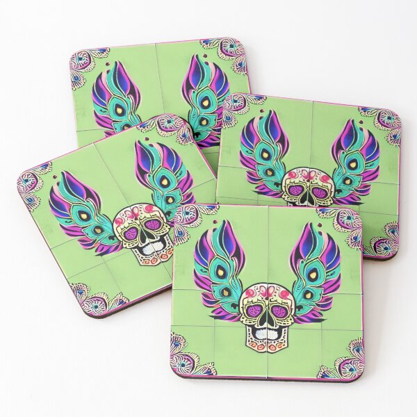 Item preview, Artistic Skull Tile with feather wings  (neon  dayglo green, pink, teal, aqua) designed and sold by McCallnWaldo.