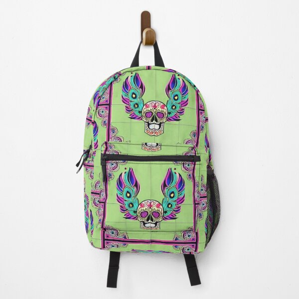 Item preview, Artistic Skull Tile with feather wings  (neon  dayglo green, pink, teal, aqua) designed and sold by McCallnWaldo.