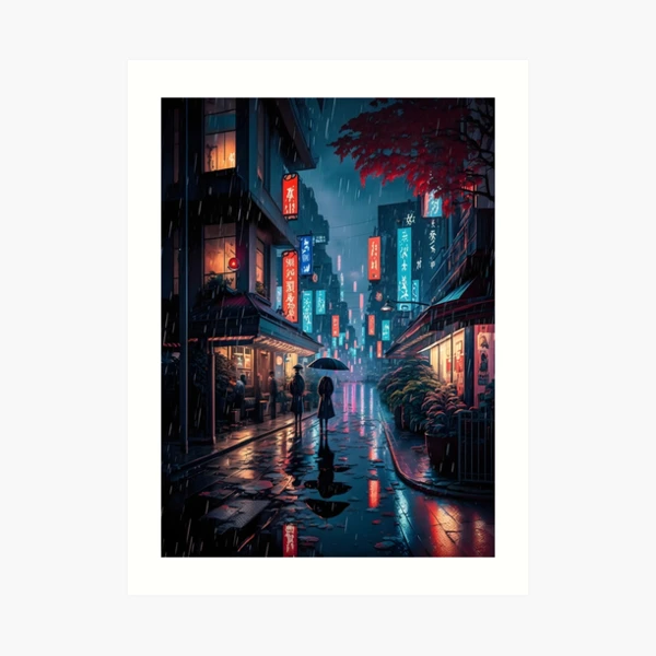 Japan night city with neon lights and rain | Art Print