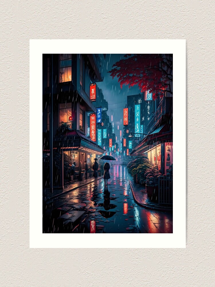 Japan night city with neon lights and rain
