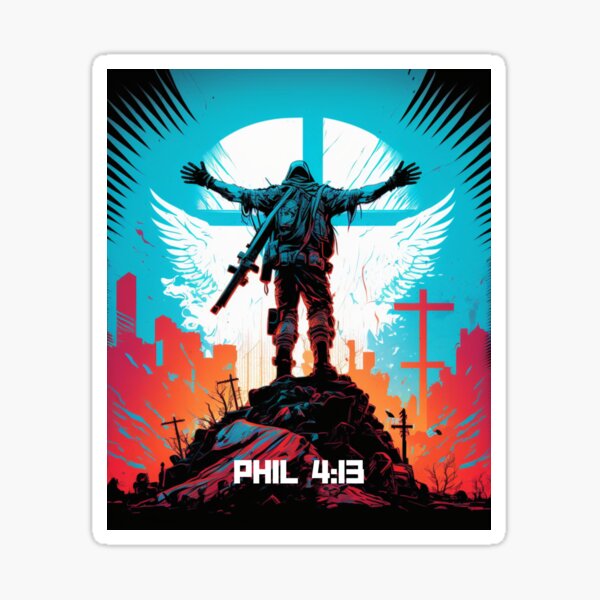 Cyber Strength: Philippians 4:13 Verse in Cyberpunk Design Sticker