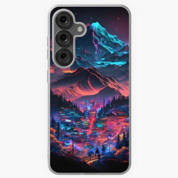 Item preview, Japan night city with neon lights and double mountain in background designed and sold by ArtfulEndeavors.