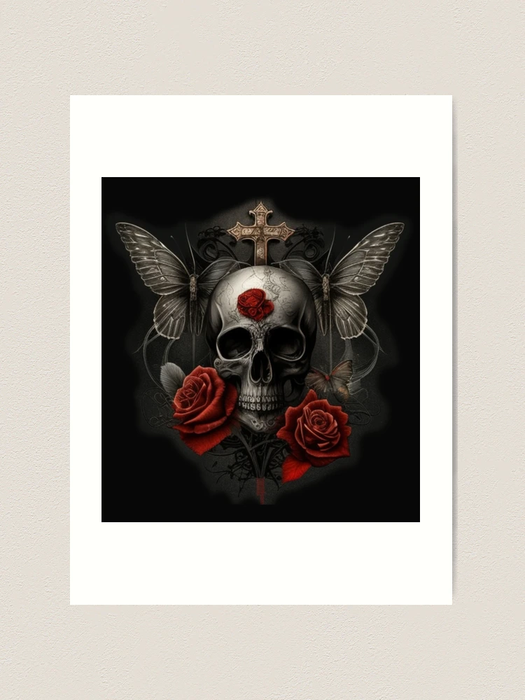 Gothic skull adorned with butterflies and roses Art Print by Nickyvb