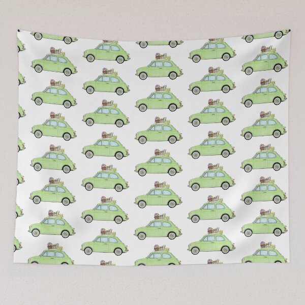 Item preview, Green Retro Fiat 500 with Easter Bunny and Eggs designed and sold by portosabbia.