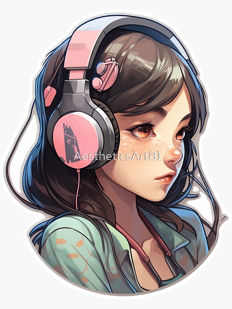 Kawaii Anime Girl Listening to Music · Creative Fabrica