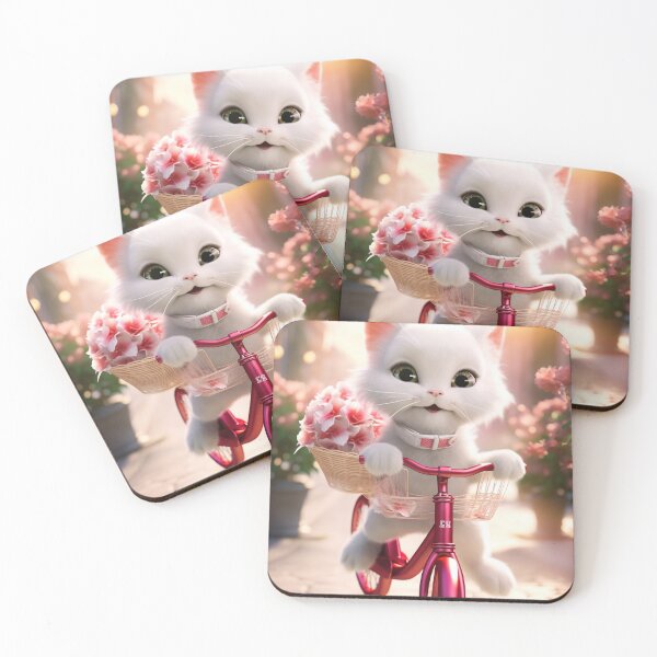 Item preview, Super cute little white kitten, big bright eyes with bicycle and flowers 5 designed and sold by jetaiart.