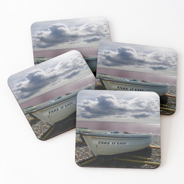 Item preview, Budleigh Salterton 2023, An English Red Sea Resort, a boat carries the message, Take It Easy.  designed and sold by JonDelorme.