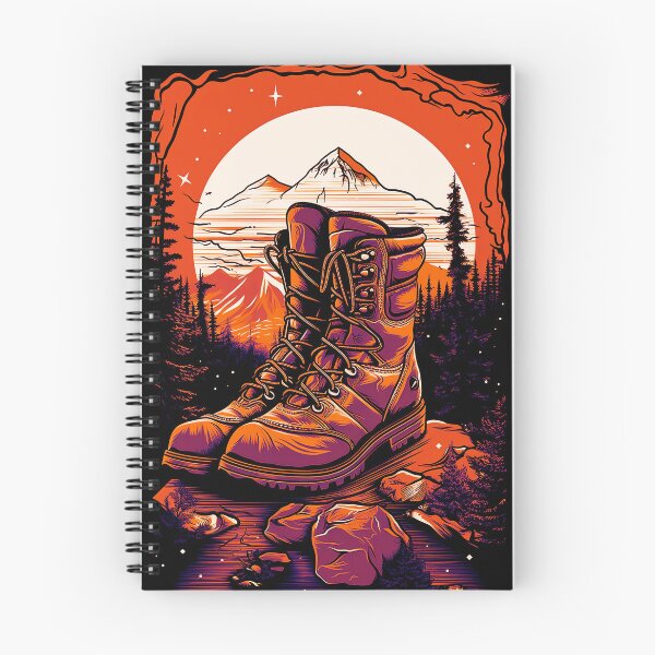 Artikelvorschau, a pair of hiking boots sitting on top of a rock orange and black vector art entworfen und verkauft von LeCoinDeFredPro.