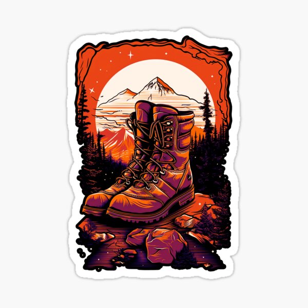 une paire de chaussures de randonnée au sommet d'un rocher orange et noir vectoriel art Sticker