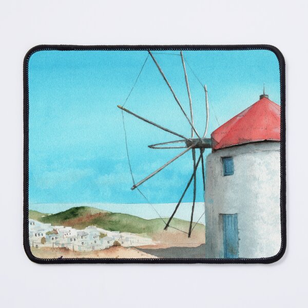 Item preview, Watercolor illustration of a landscape with a white windmill designed and sold by MaryWatercolor.