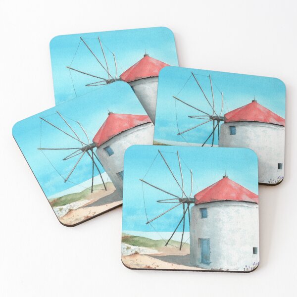 Item preview, Watercolor illustration of a landscape with a white windmill designed and sold by MaryWatercolor.