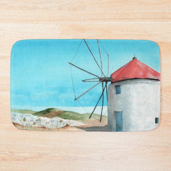Item preview, Watercolor illustration of a landscape with a white windmill designed and sold by MaryWatercolor.