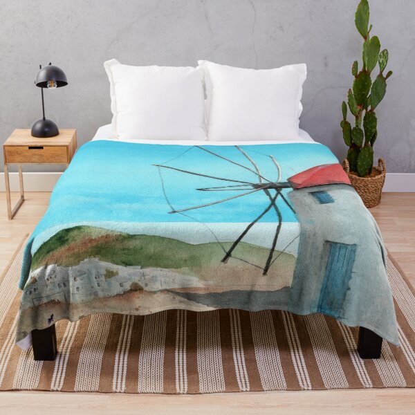 Item preview, Watercolor illustration of a landscape with a white windmill designed and sold by MaryWatercolor.