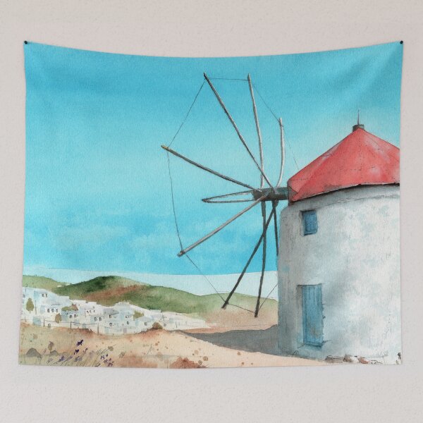 Item preview, Watercolor illustration of a landscape with a white windmill designed and sold by MaryWatercolor.