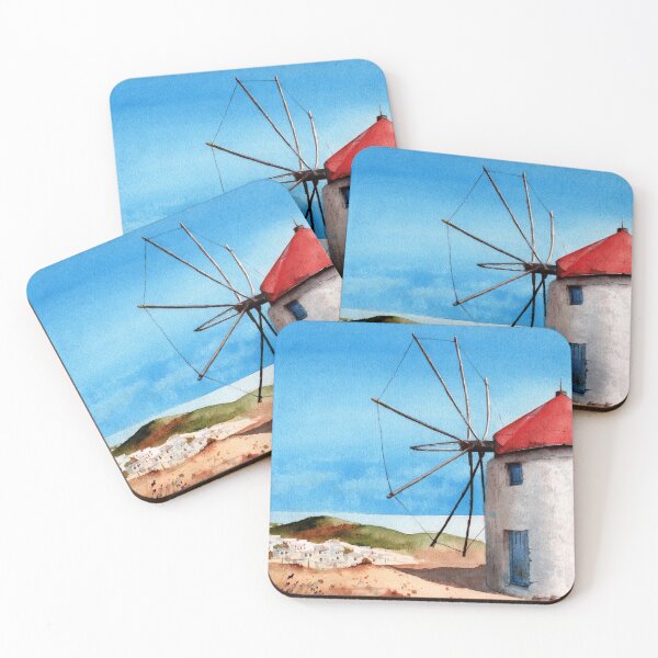 Item preview, Watercolor landscape with a white windmill designed and sold by MaryWatercolor.
