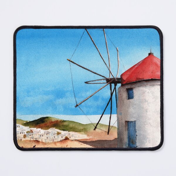 Item preview, Watercolor landscape with a white windmill designed and sold by MaryWatercolor.