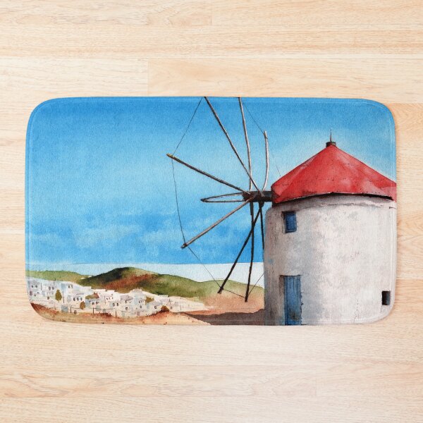 Item preview, Watercolor landscape with a white windmill designed and sold by MaryWatercolor.