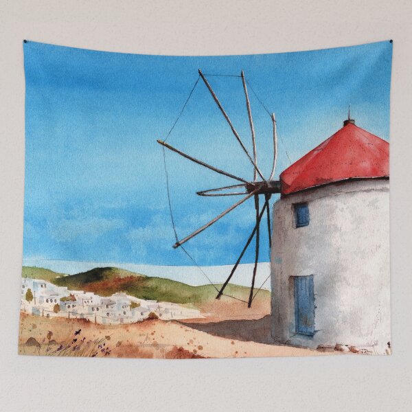 Item preview, Watercolor landscape with a white windmill designed and sold by MaryWatercolor.