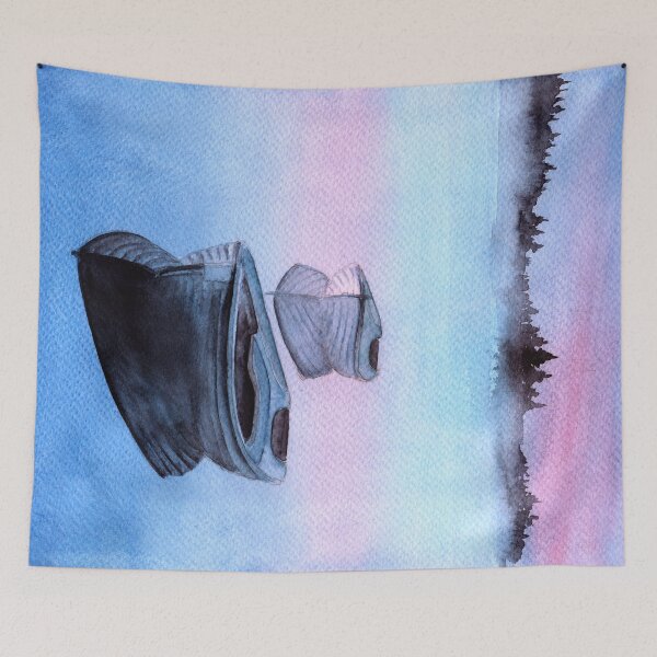 Item preview, Watercolor two fishing boats on a blue lake with their reflection in water designed and sold by MaryWatercolor.