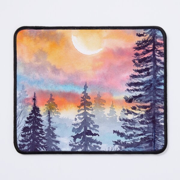 Item preview, Watercolor pink and yellow sunset in the blue forest designed and sold by MaryWatercolor.