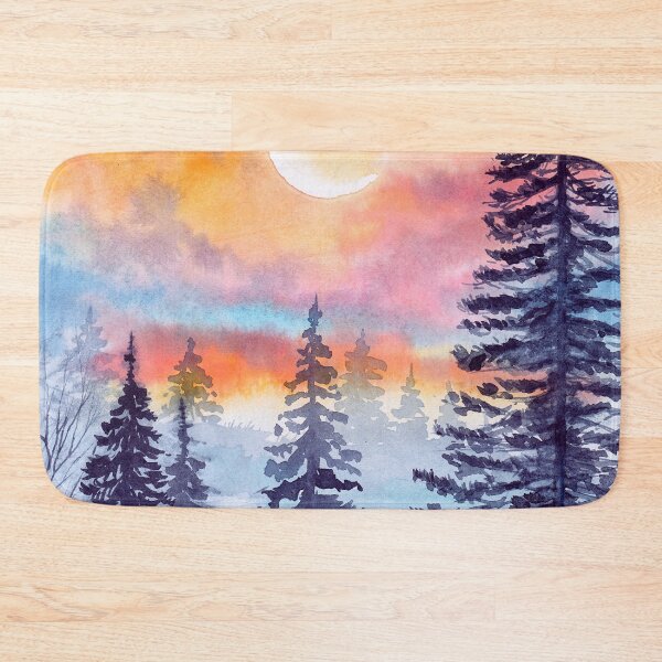Item preview, Watercolor pink and yellow sunset in the blue forest designed and sold by MaryWatercolor.