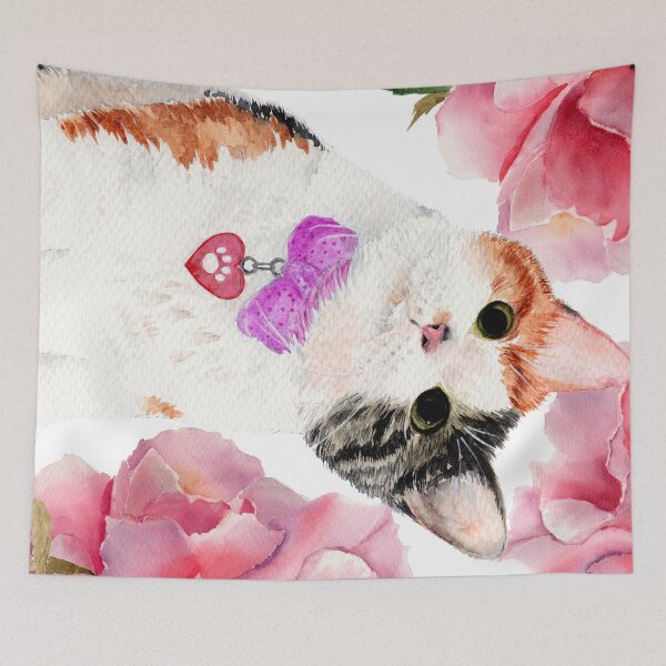 Item preview, A cute cat with a heart pendant and a bow on the pink roses background designed and sold by MaryWatercolor.