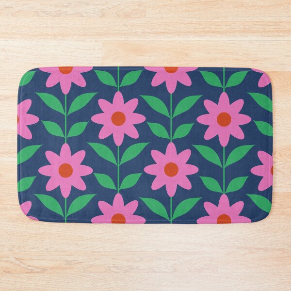 Item preview, Retro Mod Pink Flowers Pattern on navy blue  designed and sold by Yasminepatterns .