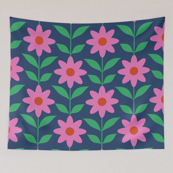Item preview, Retro Mod Pink Flowers Pattern on navy blue  designed and sold by Yasminepatterns .
