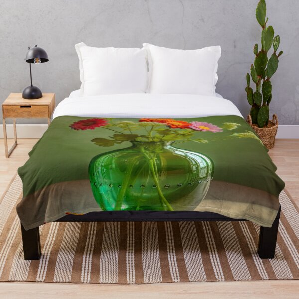 Item preview, Green glass vase with summer flowers designed and sold by FlatLandPrints.