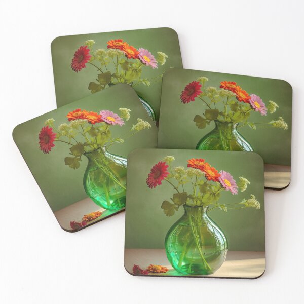 Item preview, Green glass vase with summer flowers designed and sold by FlatLandPrints.