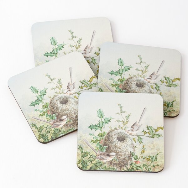 Item preview, Coral Buntings and Their Nest in a Holly Tree designed and sold by CaraEmery.